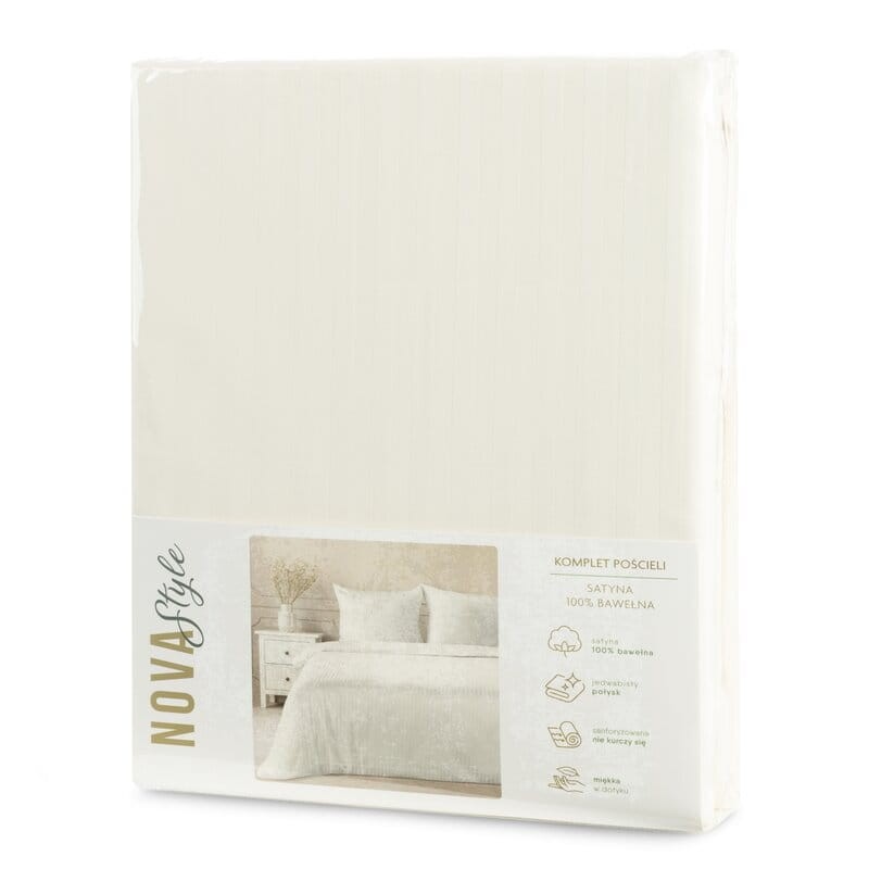 Pościel satynowa 160x200 Vera kremowa prążki adamaszkowa-6