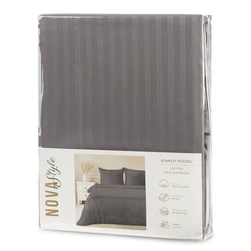 Pościel satynowa 160x200 Vera stalowa prążki adamaszkowa-6