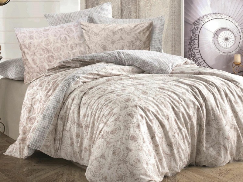 33684Pościel bawełniana 160x200 Octavia Brown beżowa szara kółka pepitka Cottonlove Exclusive-1