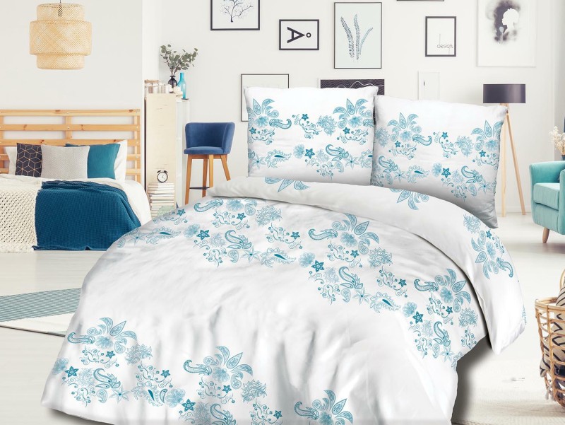 33712Pościel bawełniana 220x200 biała turkusowa ornamenty 71464/1 Cottonlove 3-3