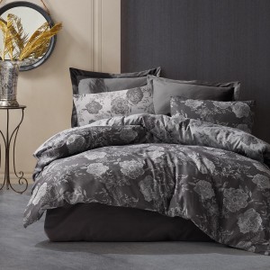 33717Pościel bawełniana 220x200 flory grafitowa liście żakardowa Cottonlove Jacquard-1