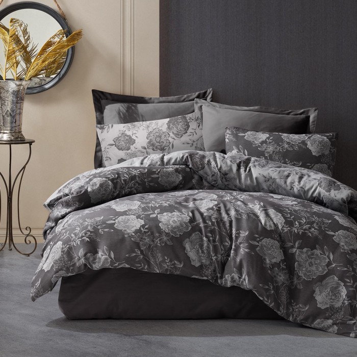 33717Pościel bawełniana 220x200 flory grafitowa liście żakardowa Cottonlove Jacquard-1