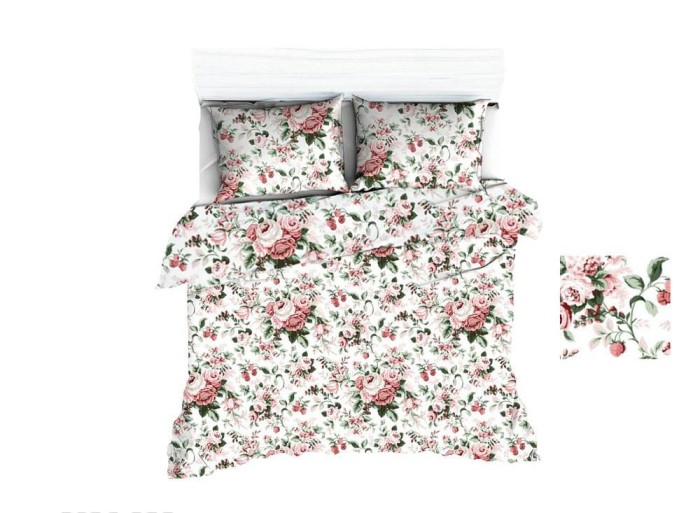 Pościel bawełniana 160x200 Extra biała czerwona pudrowa róże-1