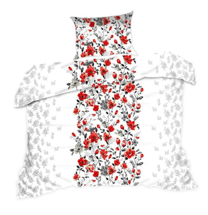 Pościel bawełniana 140x200 Classic biała czerwona szara kwiaty-1