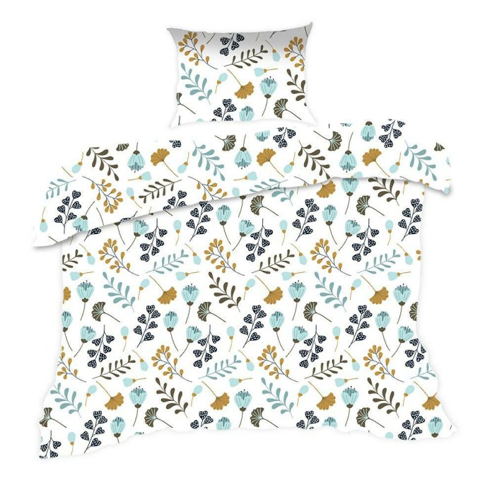 Pościel bawełniana 140x200 Classic biała niebieska beżowa kwiatki gałązki-1