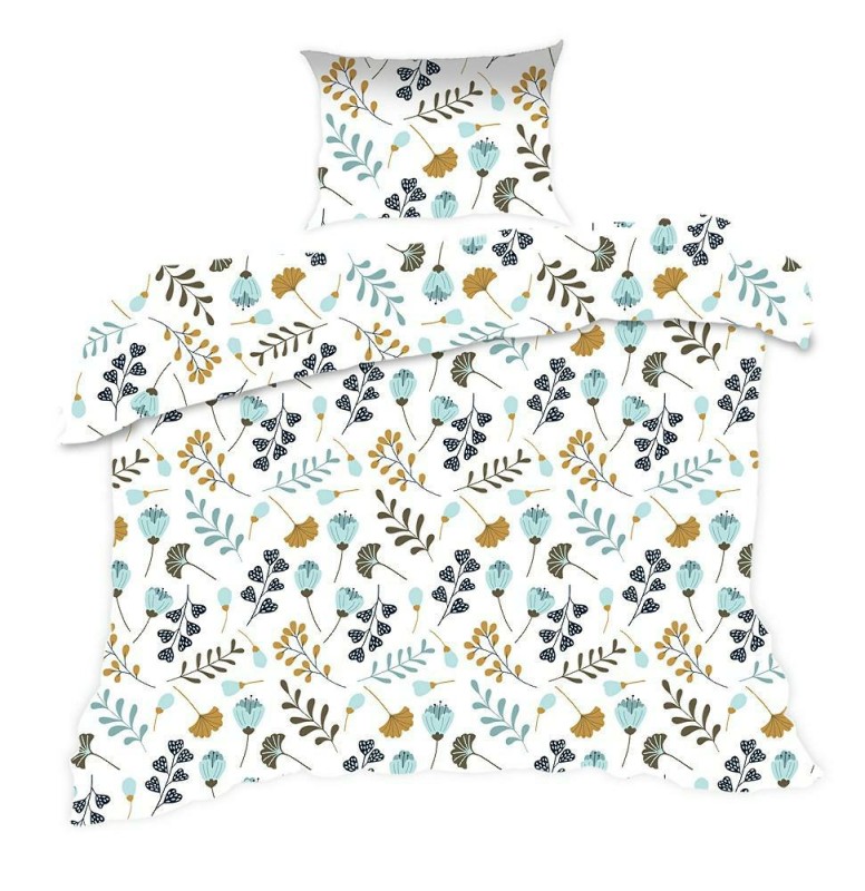 Pościel bawełniana 140x200 Classic biała niebieska beżowa kwiatki gałązki-1