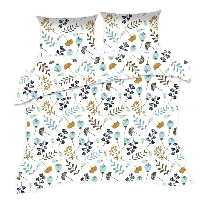 Pościel bawełniana 160x200 Classic biała niebieska kwiatki gałązki-1