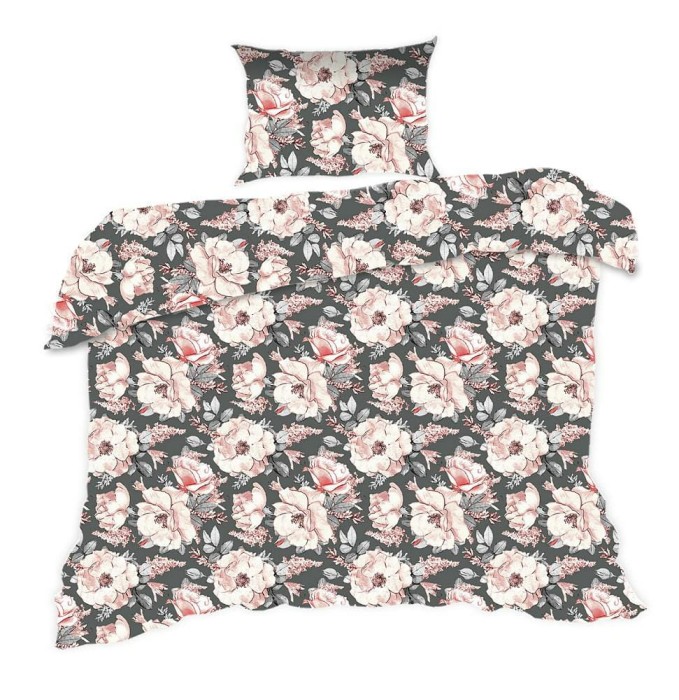 Pościel bawełniana 140x200 Classic szara pudrowa kwiaty-1