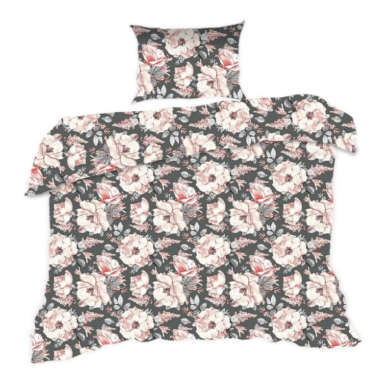 Pościel bawełniana 140x200 Classic szara pudrowa kwiaty-1