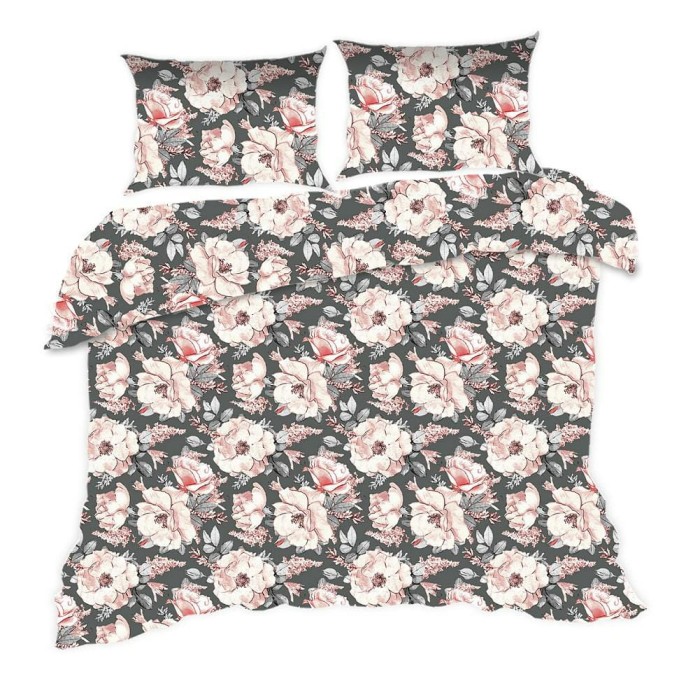 Pościel bawełniana 160x200 Classic szara pudrowa kwiaty-1