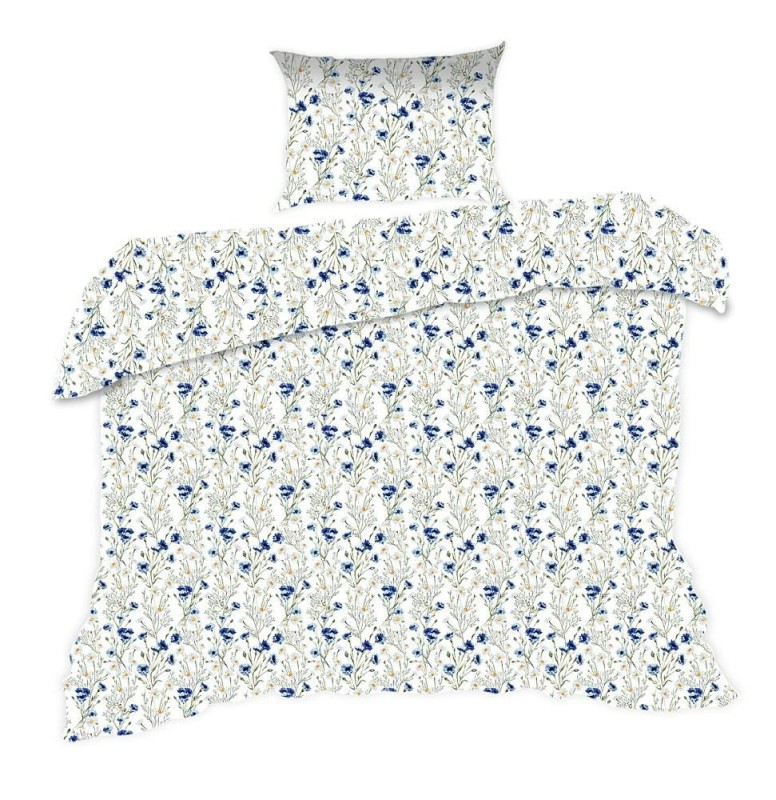 Pościel bawełniana 140x200 Classic biała niebieskie kwiatki rumianki-1