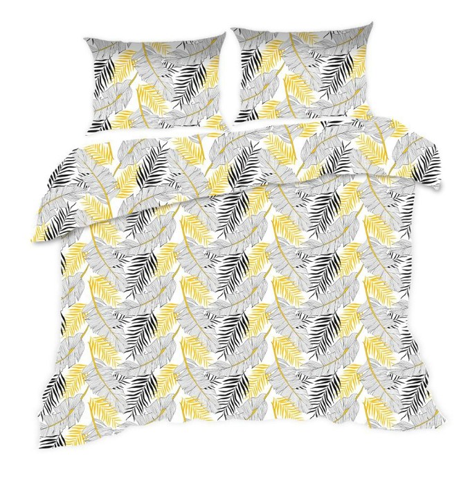 Pościel bawełniana 160x200 Classic biała złote szare liście-1