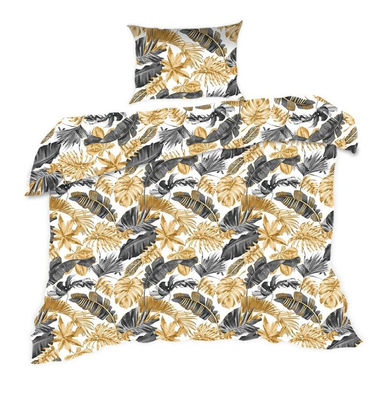 Pościel bawełniana 140x200 Classic biała złota szara liście palmy-1