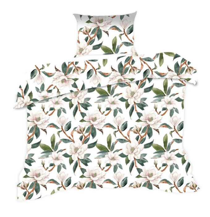 Pościel bawełniana 140x200 Classic biała kwiaty gałązki-1