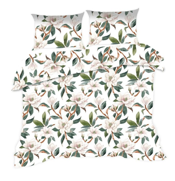 Pościel bawełniana 160x200 Classic biała kwiaty gałązki-1