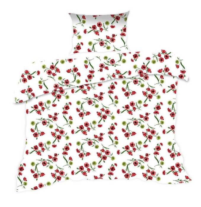 Pościel bawełniana 140x200 Classic biała zielona czerwona kwiatki-1