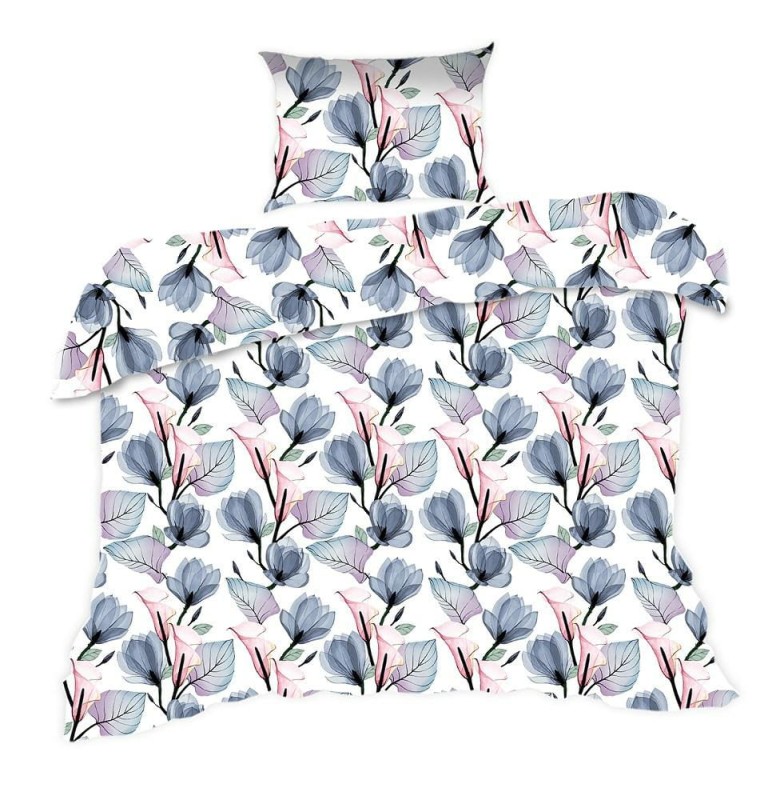 Pościel bawełniana 140x200 Classic biała niebieska różowa kwiaty liście-1