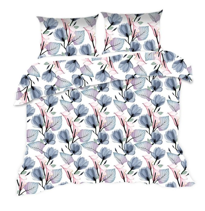 Pościel bawełniana 160x200 Classic biała niebieska pudrowa kwiaty liście-1