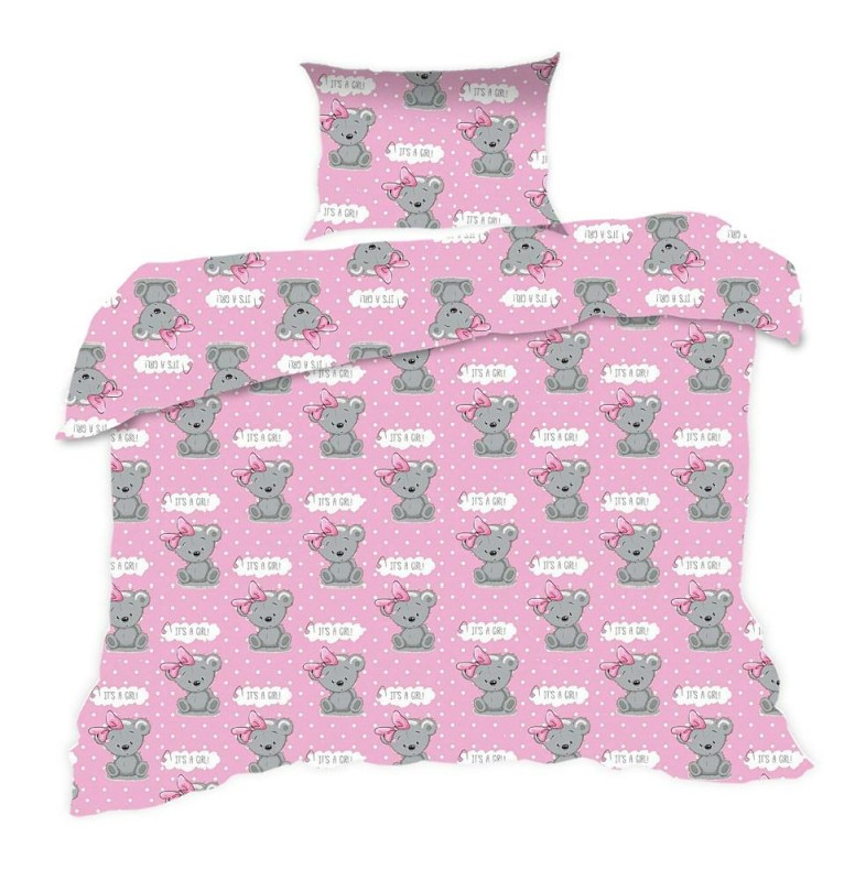 33805Pościel bawełniana 90x120 555K misie różowa szara Kids 24 z poszewką 40x60-1