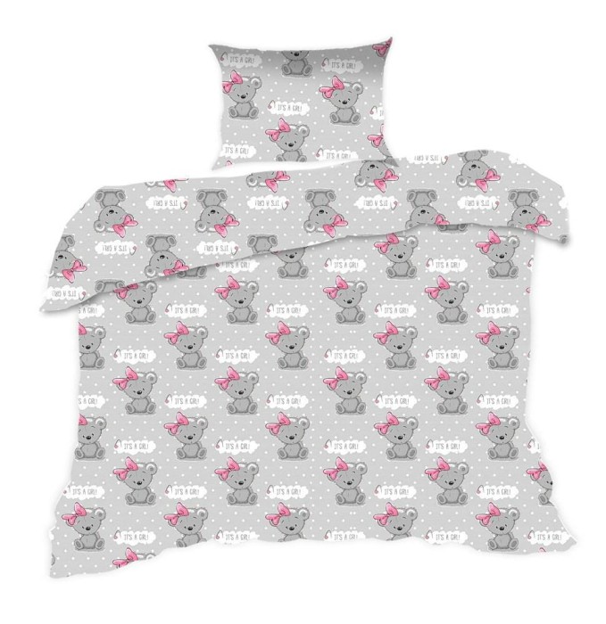 33809Pościel bawełniana 90x120 556K misie szara różowa Kids 24 z poszewką 40x60-1
