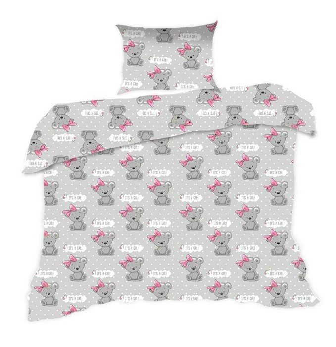 33810Pościel bawełniana 100x135 556K misie szara różowa Kids 24 z poszewką 40x60-1