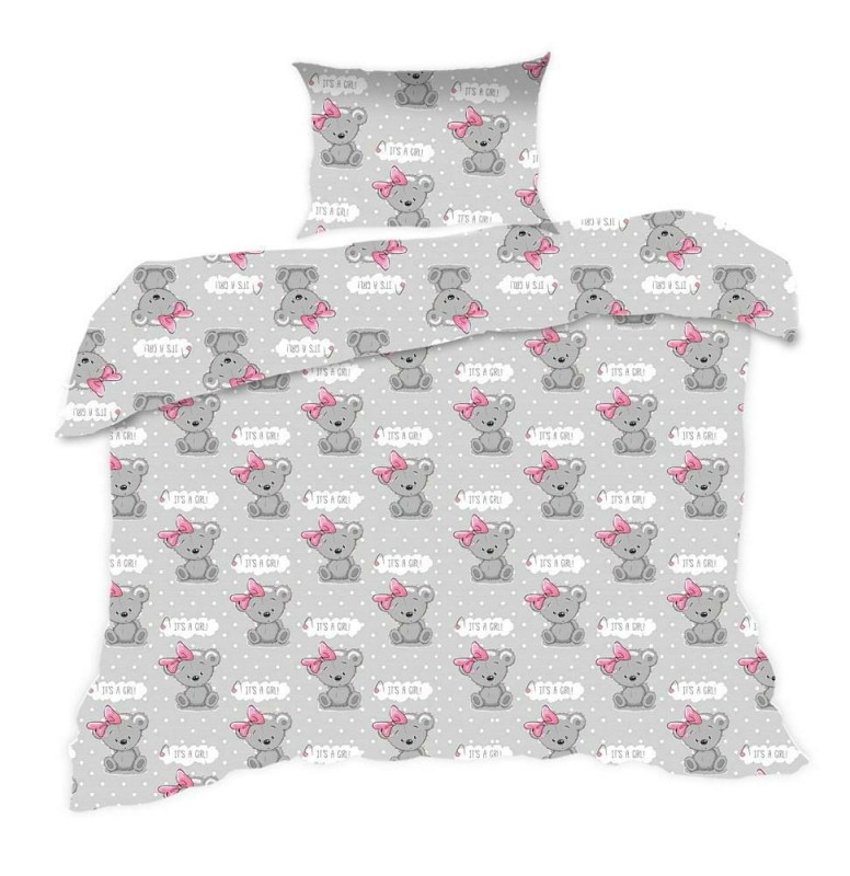 33810Pościel bawełniana 100x135 556K misie szara różowa Kids 24 z poszewką 40x60-1
