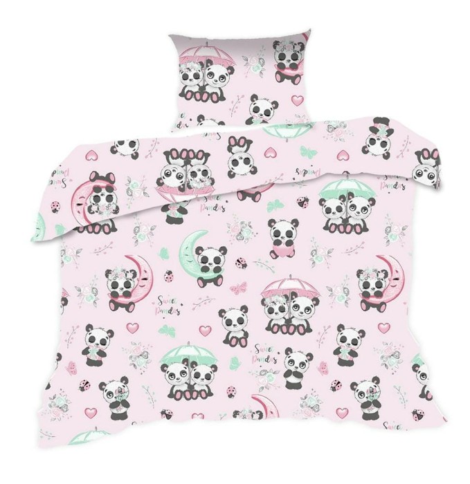 33817Pościel bawełniana 90x120 669K pandy różówa kolorowa Kids 24 z poszewką 40x60-1