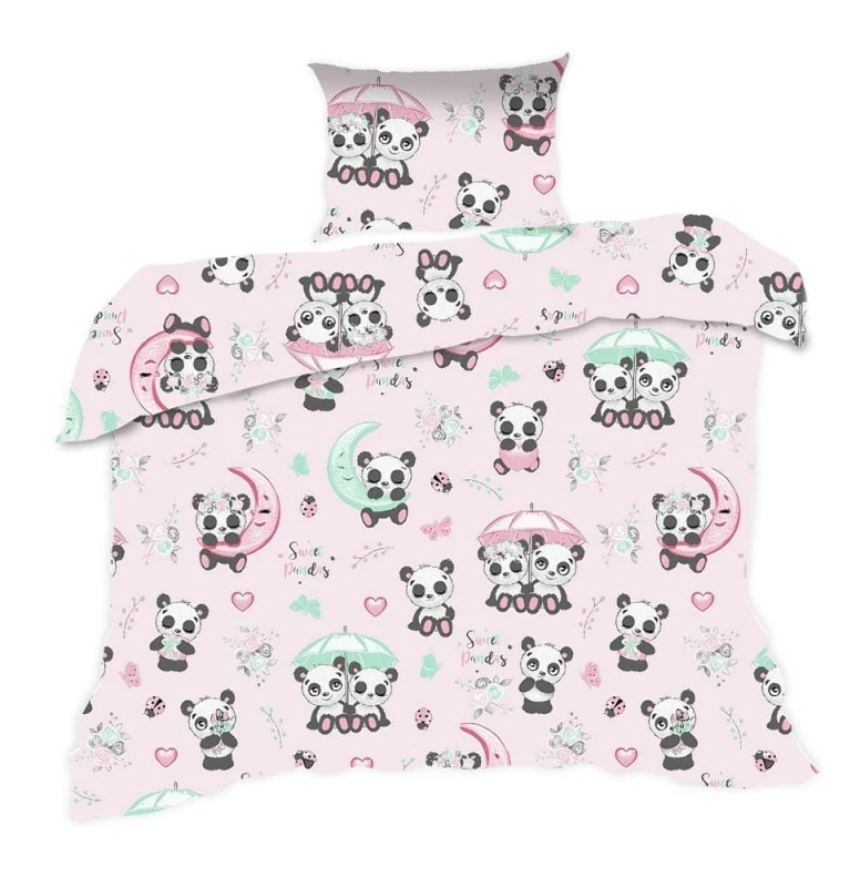 33817Pościel bawełniana 90x120 669K pandy różówa kolorowa Kids 24 z poszewką 40x60-1