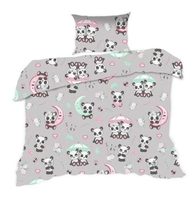 33820Pościel bawełniana 90x120 670K pandy szara kolorowa Kids 24 z poszewką 40x60-1