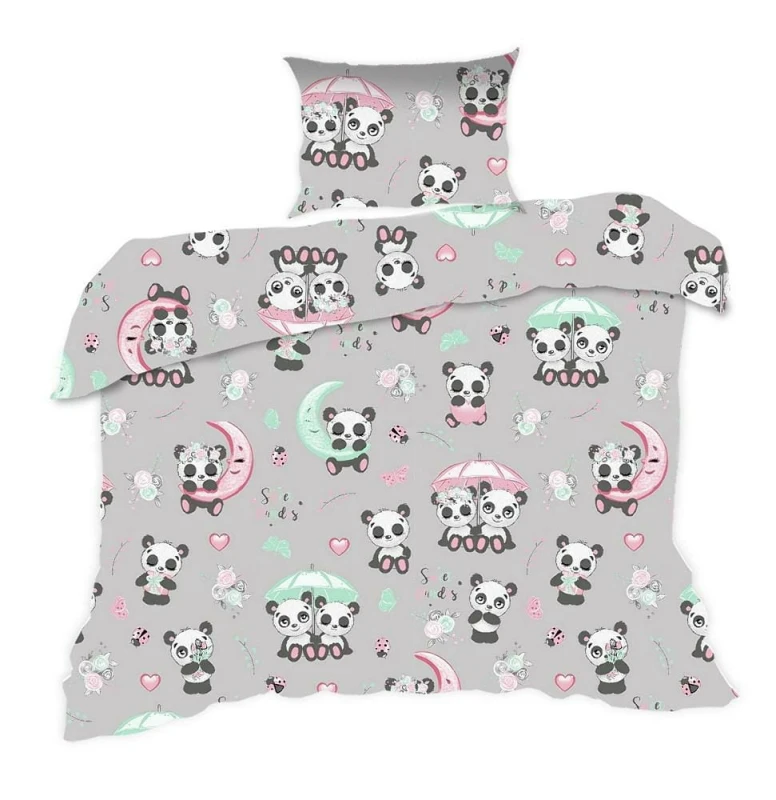 33820Pościel bawełniana 90x120 670K pandy szara kolorowa Kids 24 z poszewką 40x60-1