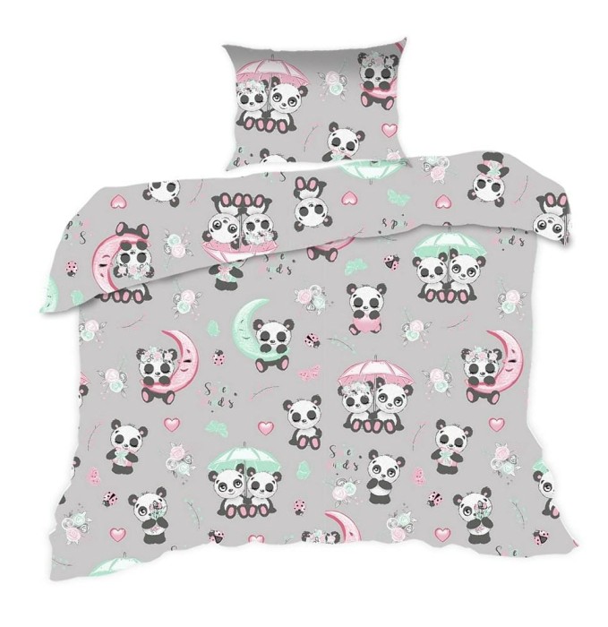 33822Pościel bawełniana 110x140 670K pandy szara kolorowa Kids 24 z poszewką 40x60-1