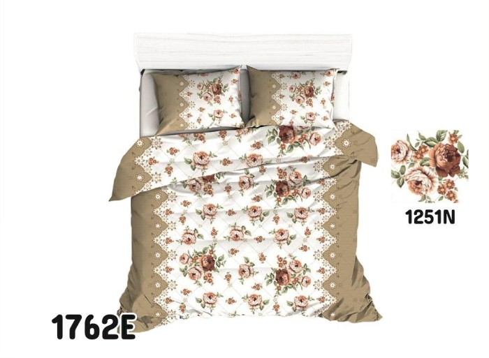 Pościel bawełniana 160x200 Extra beżowa kwiaty bukiet-1