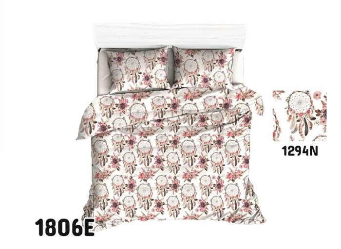 Pościel bawełniana 200x220 Extra biała różowa piórka łapacz snów-1