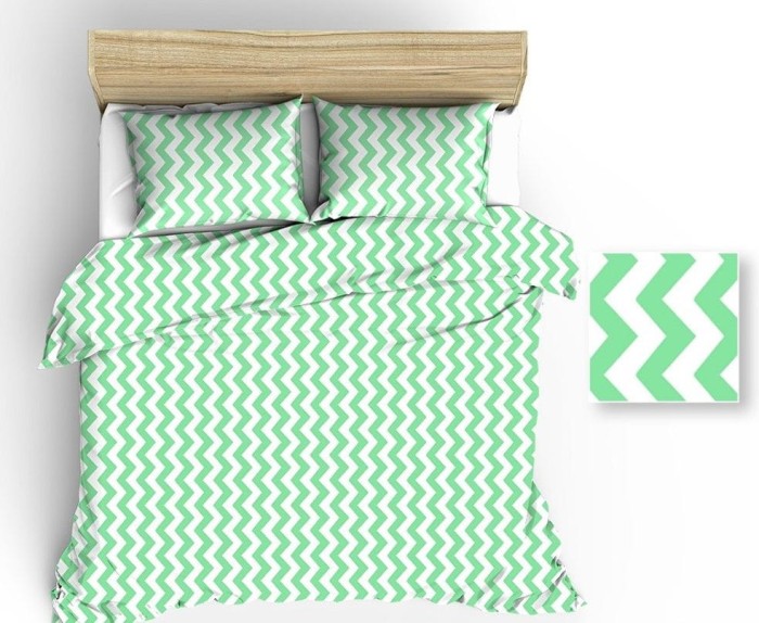 Pościel bawełniana 160x200 Extra biała seledynowa zygzak-1