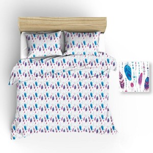 Pościel bawełniana 200x220 Extra biała różowa niebieska piórka-1