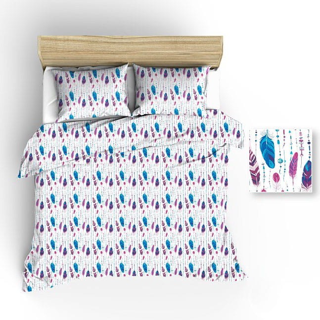 Pościel bawełniana 200x220 Extra biała różowa niebieska piórka-1