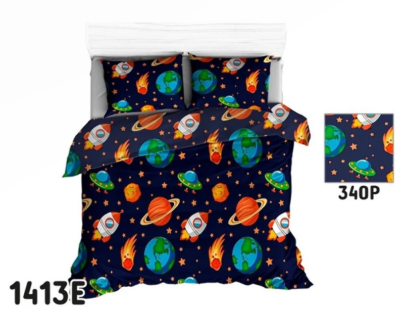 Pościel bawełniana 160x200 Extra granatowa kosmos planety galaktyka-1