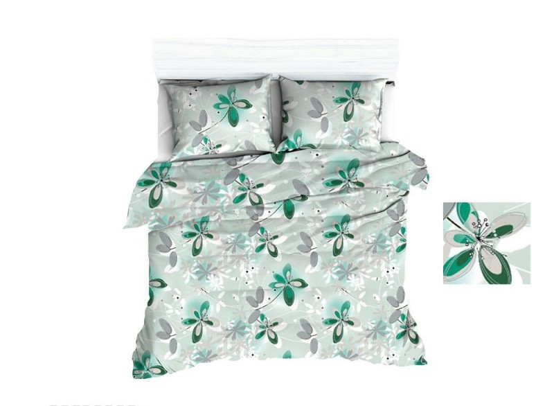 Pościel bawełniana 200x220 Extra zielona szara kwiaty liście-1