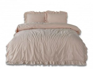 34050Pościel bawełniana 160x200 różowa pudrowa z falbanką jednobarwna w pudełku Stonewashed Camelio Roses-2