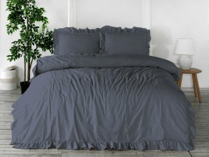 34053Pościel bawełniana 160x200 szara ciemna z falbanką jednobarwna w pudełku jednobarwna Stonewashed Natural Grey-1