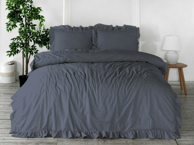34053Pościel bawełniana 160x200 szara ciemna z falbanką jednobarwna w pudełku jednobarwna Stonewashed Natural Grey-1