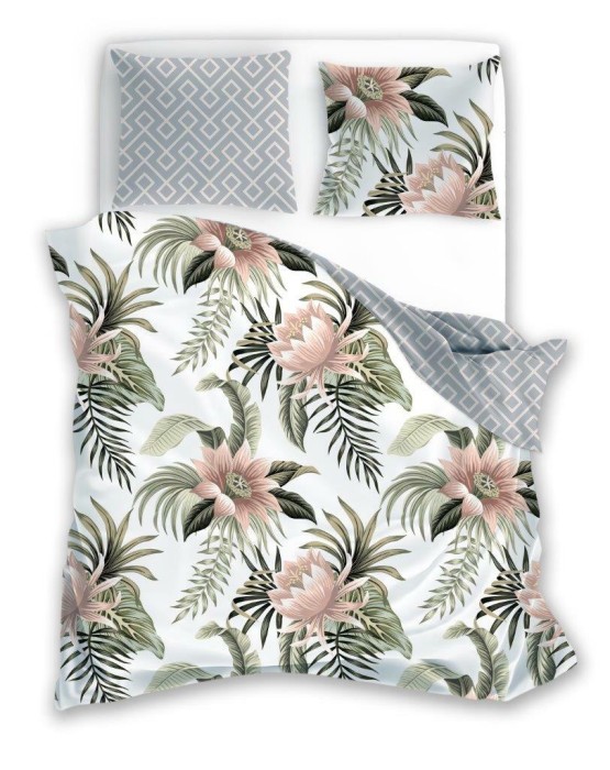 Pościel bawełniana 160x200 Letni Sen szara beżowa liście monstery kwiaty-1