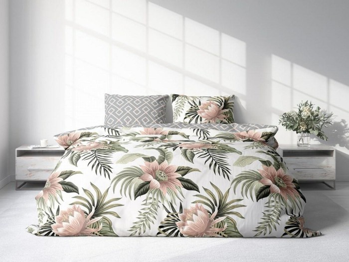 Pościel bawełniana 160x200 Letni Sen szara beżowa liście monstery kwiaty-2