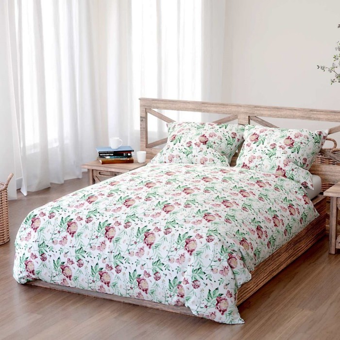 34152Pościel bawełniana 140x200 Peony light biała bordowa zielona peonie kwiaty Bawełna 3-1