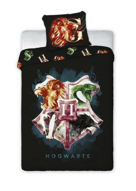 34227Pościel bawełniana 160x200 Harry Potter 002 Herb czarna młodzieżowa poszewka 70x80 Faro-1