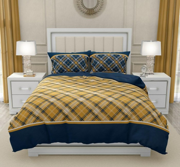 34241Pościel bawełniana 160x200 Lattice geometria granatowa musztardowa Gold Zaratex-2