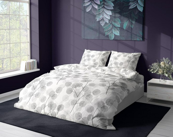 Pościel bawełniana 160x200 Fashion 23 biała szara gałązki liście-2