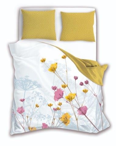 Pościel bawełniana 160x200 Letni sen biała musztardowa kwiaty-1