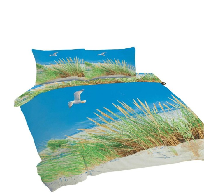 34310Pościel bawełniana 220x200 Plaża mewy trawa niebieska zielona Universal Matex-1