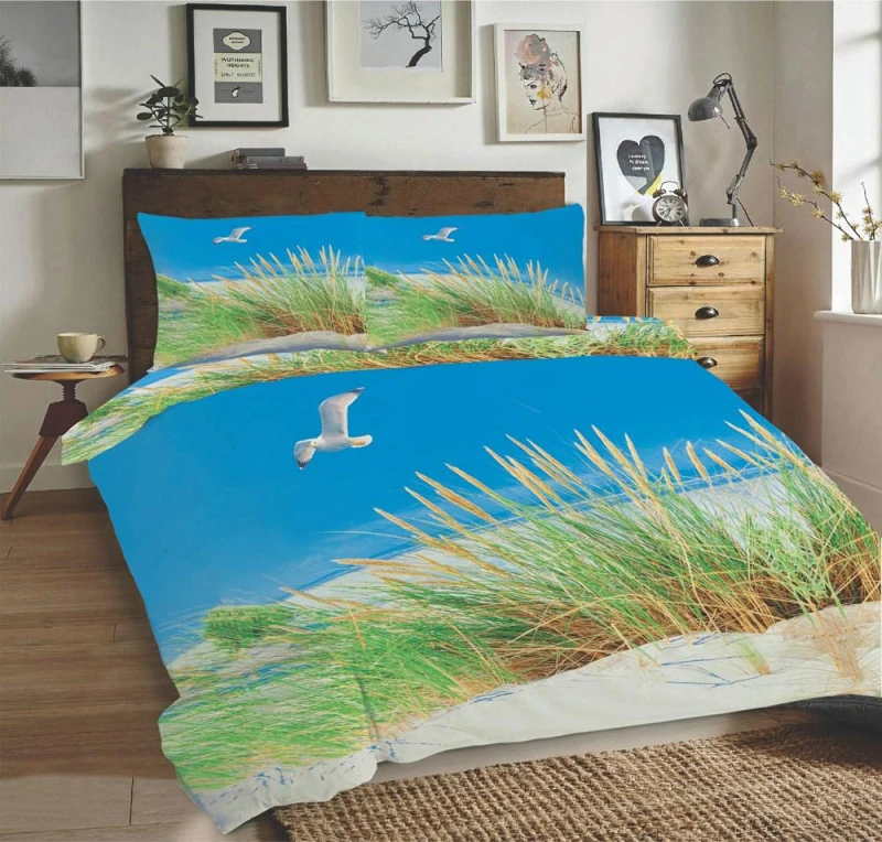 34310Pościel bawełniana 220x200 Plaża mewy trawa niebieska zielona Universal Matex-4